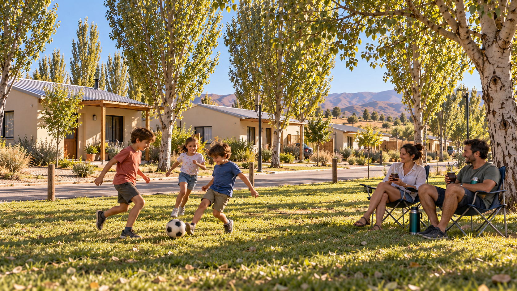 Escena conceptual de chicos jugando al aire libre entre álamos