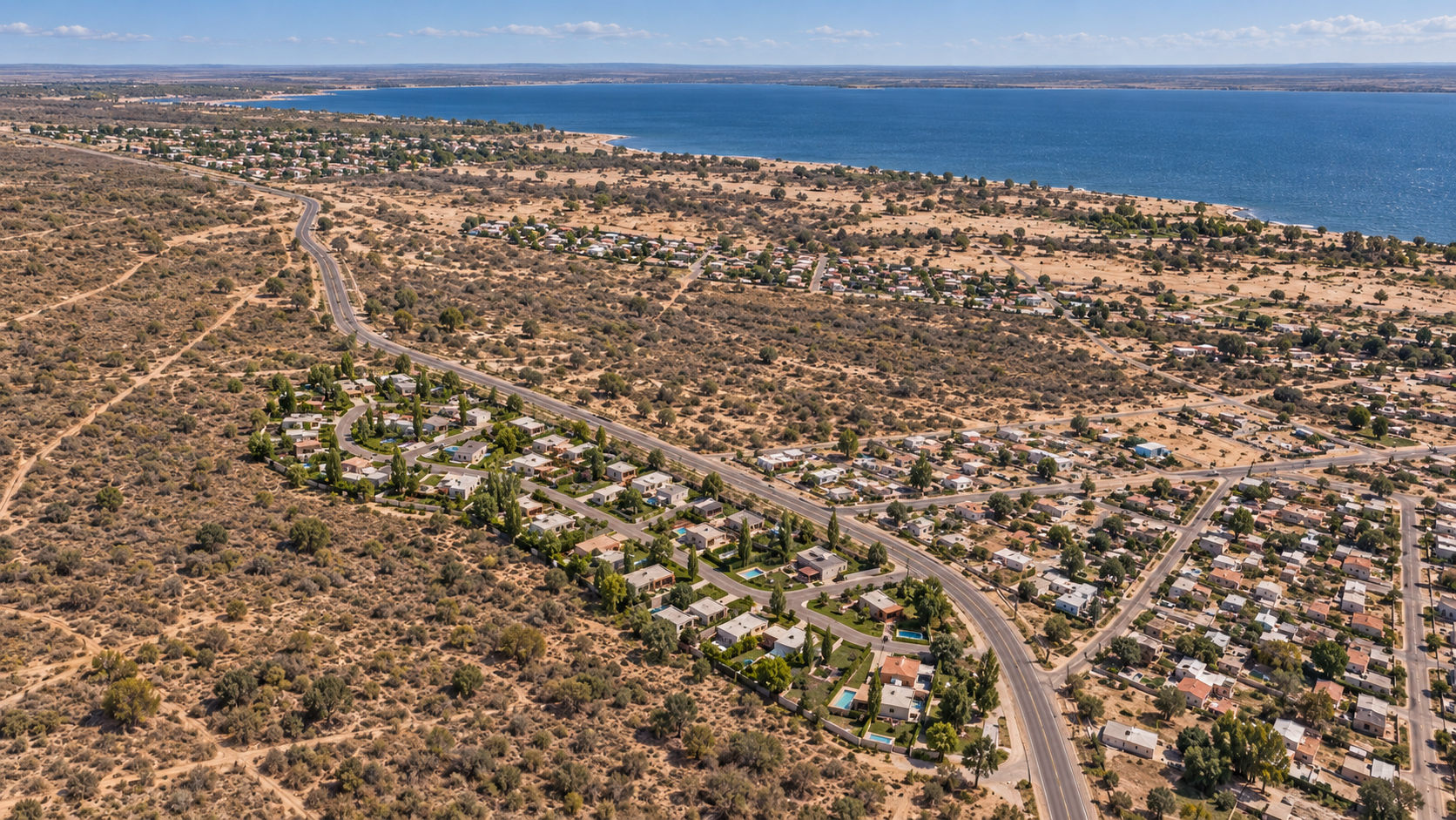 Vista conceptual desde un dron, con el loteo en primer plano y el lago al fondo